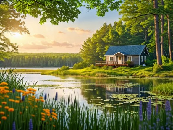 A peaceful landscape of the Acadian Peninsula featuring lush forests, vibrant marshlands, and the serene coastline. A small rustic cabin is nestled within, representing accommodations for herbal retreats, emphasizing the natural beauty and diversity of the region.