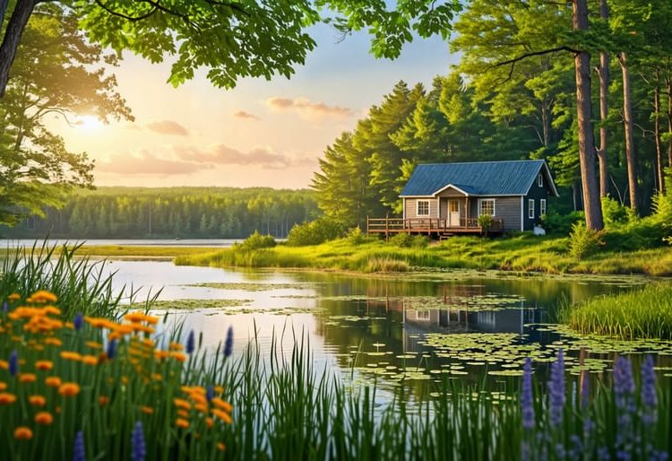 A peaceful landscape of the Acadian Peninsula featuring lush forests, vibrant marshlands, and the serene coastline. A small rustic cabin is nestled within, representing accommodations for herbal retreats, emphasizing the natural beauty and diversity of the region.