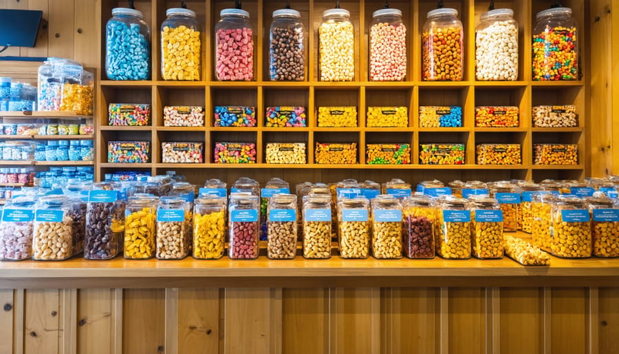 Interior of a traditional Acadian candy shop with jars of freeze-dried candies on shelves