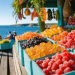 Vibrant market stall with colorful freeze-dried candies on the Acadian Peninsula, surrounded by picturesque coastal scenery.