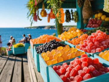 Vibrant market stall with colorful freeze-dried candies on the Acadian Peninsula, surrounded by picturesque coastal scenery.