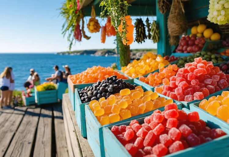 Vibrant market stall with colorful freeze-dried candies on the Acadian Peninsula, surrounded by picturesque coastal scenery.