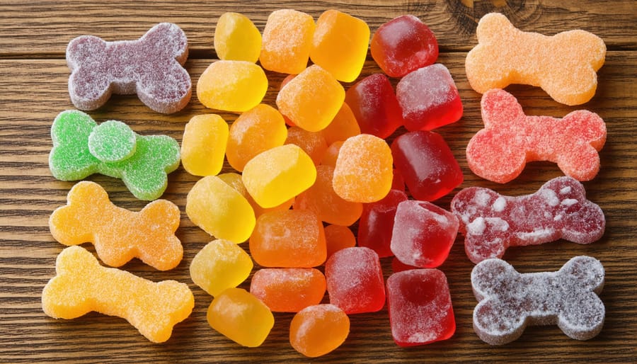 Assortment of freeze-dried candies in various shapes and colors on a wooden table