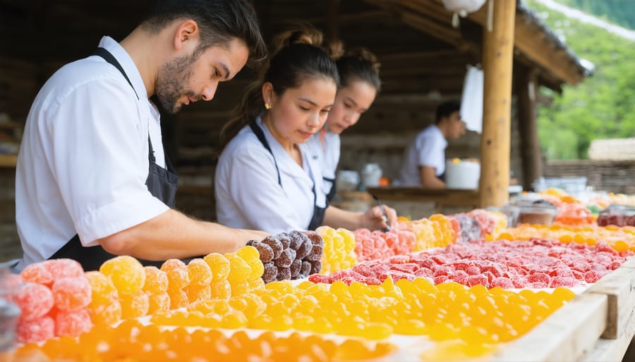 Group of tourists engaged in making freeze-dried candy under the guidance of a local expert